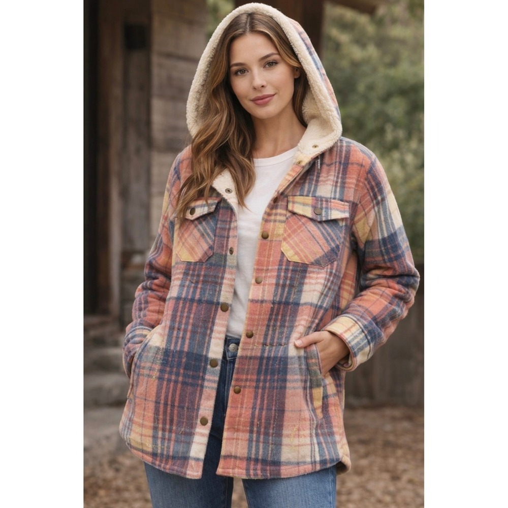 Womens Plaid Sherpa Lined Hooded Shacket Jacket Pink Blue Yellow Cream L - Picture 1 of 9